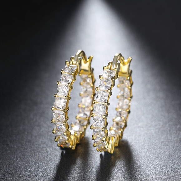 Diamond cubic zirconia hoop earring gold silver plated -Saves Shelter Pets - Picture 1 of 6